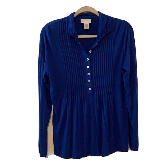 Soft Surroundings Womens Size Petite Medium Blue Pleated Button Detail Blouse - Picture 1 of 5